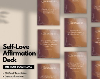 May include: A set of 30 printable self-love affirmation cards. The cards feature a brown and white background with text that reads "Affirmation:" followed by a positive affirmation. The text on the cards is in a modern, minimalist font.