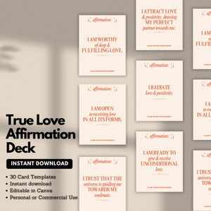 30 Plantillas editables de tarjetas de afirmación de amor verdadero / Editable en Canva / Descarga PDF / amor verdadero, alma gemela, relaciones, manifestación