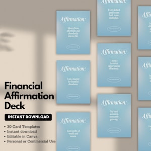 Plantilla de 30 tarjetas de afirmación financiera editables / Editable en Canva / Descarga PDF / finanzas, riqueza, manifestación
