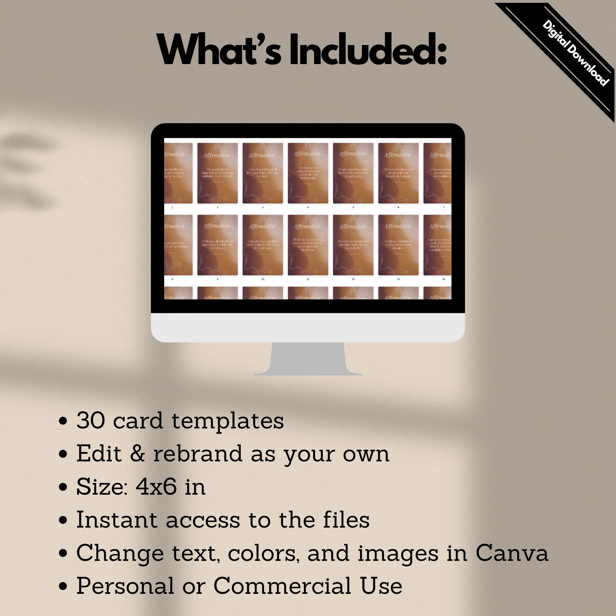 30 Editable Affirmation Cards Template | Editable in Canva | PDF ...
