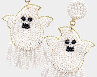 New! Dangling Ghost Earrings/Halloween Earrings/Statement Earrings/Seed Bead Earrings