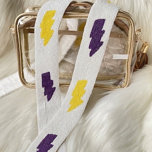 White Beaded Purse Strap with Purple and Yellow Lightning Bolts/Seed Bead Strap/Game Day Purse Strap