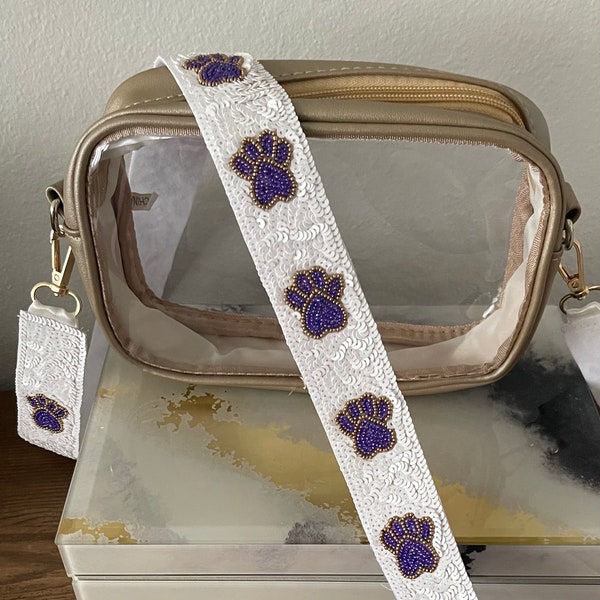 Sequin Paw Print Purse Strap/White with Purple outlined in Gold Paw Prints/College Purse Strap/Purse Strap for Handbag/Tiger Strap