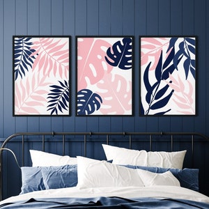 Pink and blue wall art, leaf artwork, Set of 3 prints, pink, blue, pink and blue art work, instant download, leaf decor, plant decor, blush