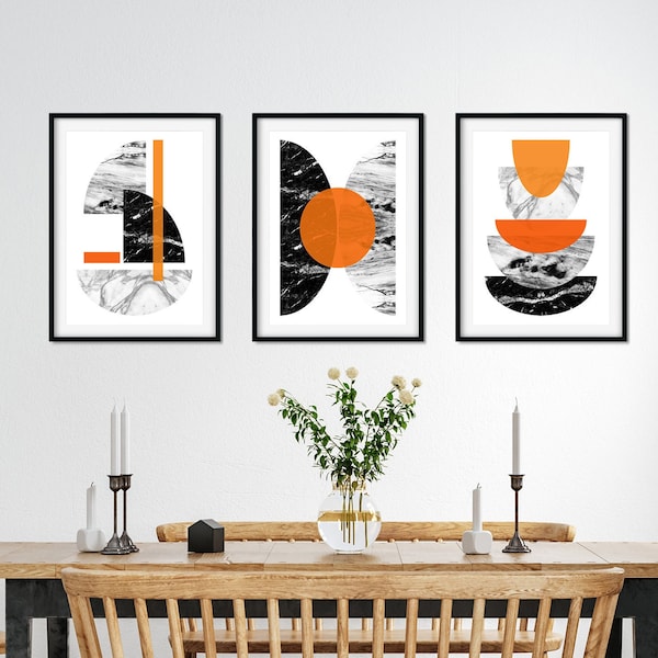 Arte de pared negro y naranja de 3 piezas, arte de pared de mármol, arte de pared geométrico, decoración del hogar naranja, decoración de pared naranja y gris, arte de pared imprimible,