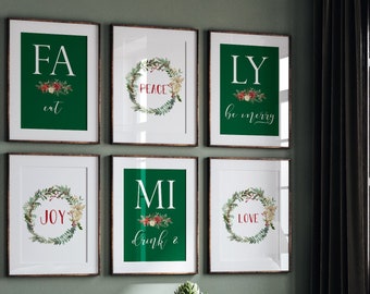 Set of 6 Green Christmas Prints, Green Christmas Decor, Family sign, Christmas Printables, Christmas decor indoor, Dining wall decor