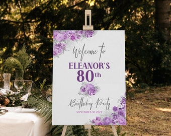 80th Birthday Banner, 80th Birthday Poster, 80th Birthday Welcome Sign, 80th Birthday Decorations, Purple, Silver, 80th Party Printable