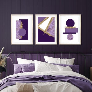 Purple and Gold Wall Art, Purple Wall Art, Purple and Gold Abstract Wall Art, printable wall art, Geometric posters, Set of 3 prints