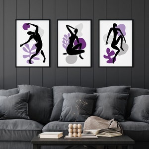 Set of 3 Purple and Black Art Print, Matisse art prints, Purple Wall Art, Purple Bathroom Decor, Purple Wall Decor, Purple living room art