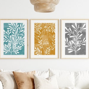 3pc Teal and Grey Wall Art, teal and ochre, teal grey mustard, teal and yellow prints, over the bed decor, teal prints, printable art