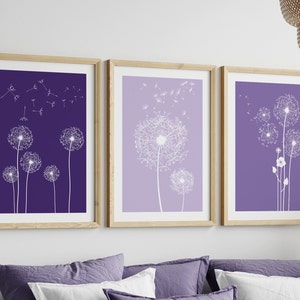 3pc Purple Wall Art, Purple art, Lilac Dandelion Prints,Lilac art, lilac flower print, Purple Bedroom wall art, dandelion art,printable art