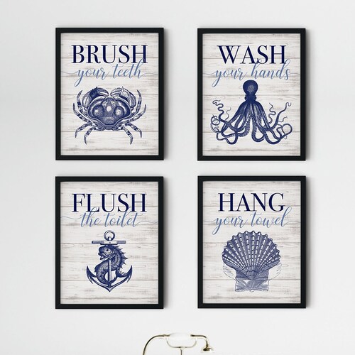 4pc Nautical Decor Blue Bathroom Prints Nautical Prints Sea Etsy