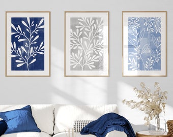 Set of3 Blue leaf prints, blue wall art, blue and grey wall art, digital download, blue and grey decor, blue botanical poster, blue gray art