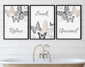 Set of 3 Greige Bathroom Prints, Greige decor, Neutral Bathroom art, greige prints, grey and beige decor, relax soak unwind, butterfly art