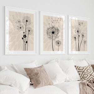 Black and beige wall art, Black dandelion flower prints, printable wall art, gallery wall set, set of 3 prints, Neutral Wall Art Set, Beige