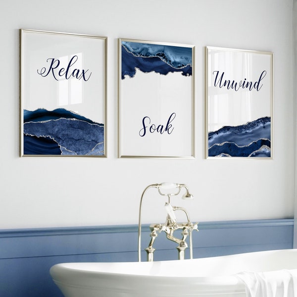 3pc Blue bathroom art,  Relax Soak Unwind, bathroom quotes, bathroom wall decor, printable art, bathroom printables, blue bathroom decor