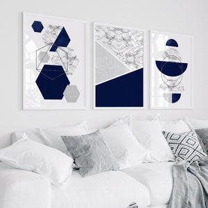 Set of 3 Blue and Grey Wall Art Blue Wall Art Navy Blue Wall - Etsy