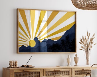 Blue and Yellow Sunrise Print, Navy Blue and Yellow Art, Printable Wall Art, Mustard Wall Decor, Blue and Yellow Living Room Decor