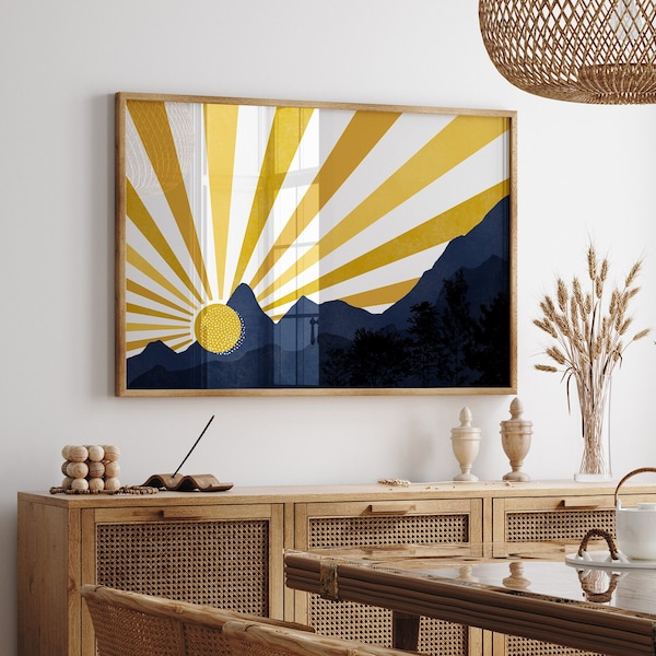 Blue and Yellow Sunrise Print, Navy Blue and Yellow Art, Printable Wall Art, Mustard Wall Decor, Blue and Yellow Living Room Decor