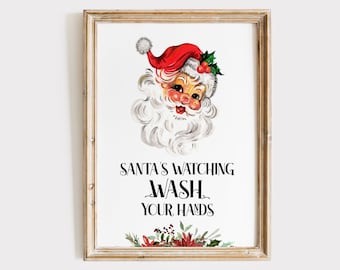 Christmas bathroom decor, funny Christmas bathroom sign, Santa's watching wash your hands, Santa Wall Art, Holiday Bathroom Decor