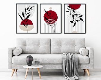 Set of 3, red beige wall art, Mid Century Wall Prints, red and black wall art, mid century prints, boho printable art, boho art