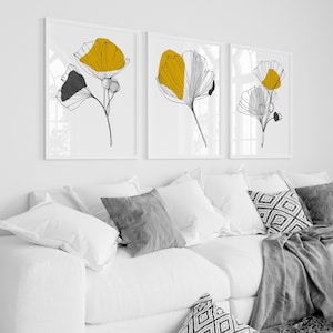 Yellow and grey prints, Mustard Wall Art, Mustard Wall Art, Printable Art, Botanical Line Art, Mustard and Grey, Ginkgo Decor, set of 3 image 1