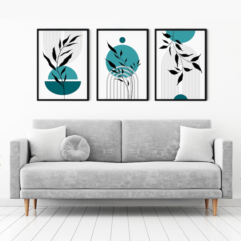 Set of 3, teal wall art, Mid Century Wall Prints, teal and black wall art, mid century prints, boho printable art, boho art, teal wall decor image 3