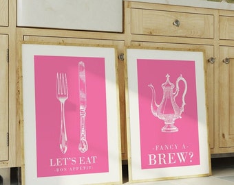 Set of 2 Bright Pink Kitchen Decor, Bon Appetite Poster, Pink Kitchen Art, Pink Kitchen Poster, Cafe Poster Art, Pink and White Wall Art