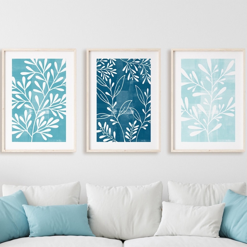 3pc Beach House Art, Beach House Wall Decor, Teal Wall Art, Teal Botanical Leaf Prints, Teal Wall Decor, Beach house prints, printable art image 1