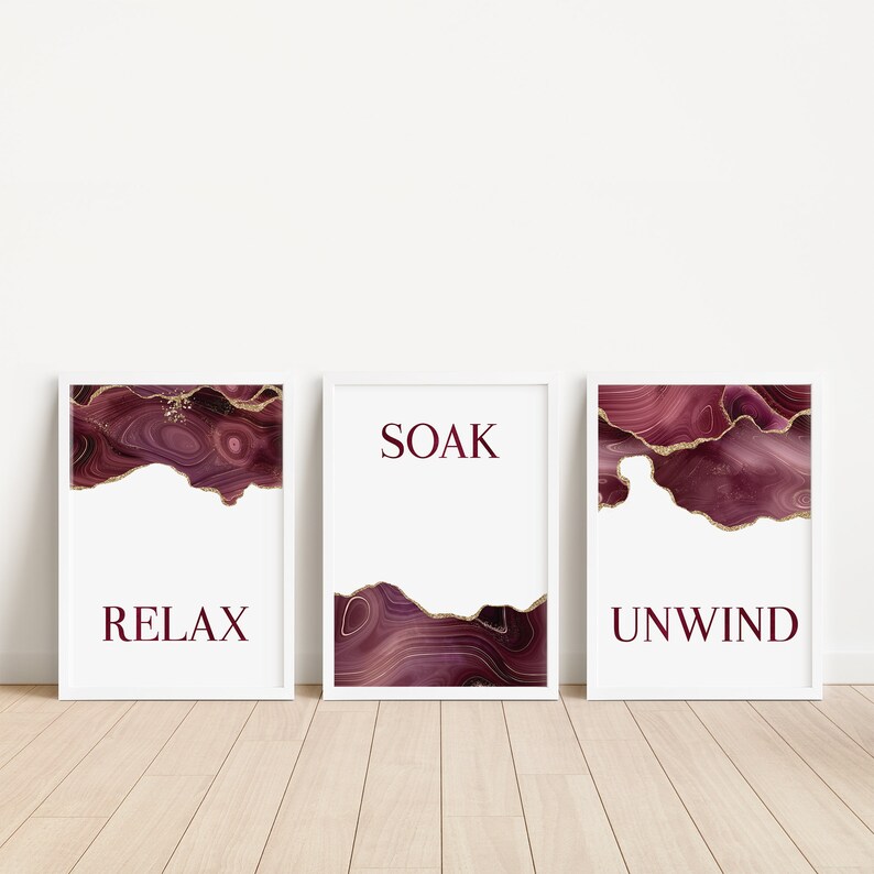 Burgundy Bathroom Prints Burgundy and Gold Wall Art Burgundy Etsy