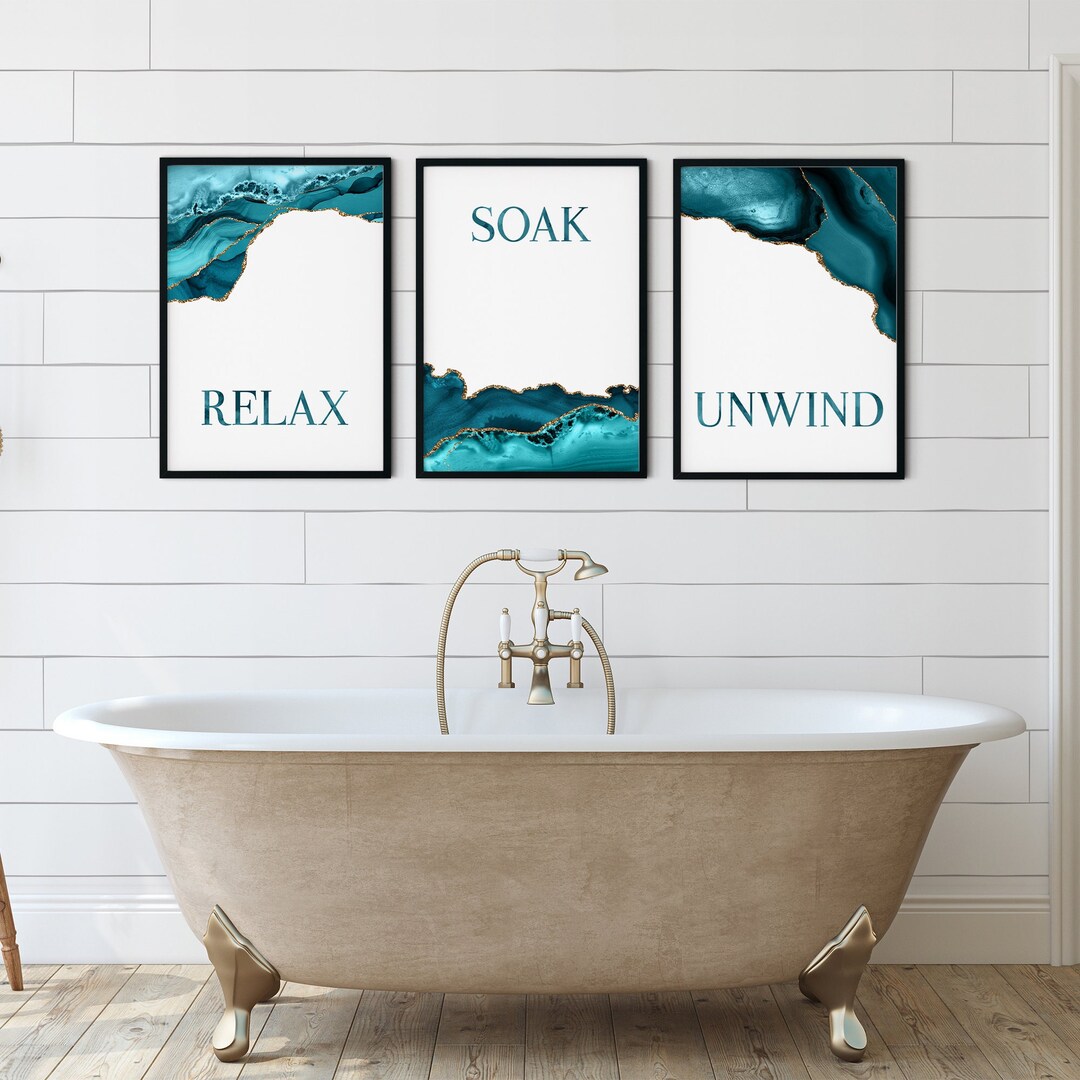 Set of 3 Teal and Gold Bathroom Wall Art, Teal and Gold Decor, Bathroom Quotes, Luxury Bathroom