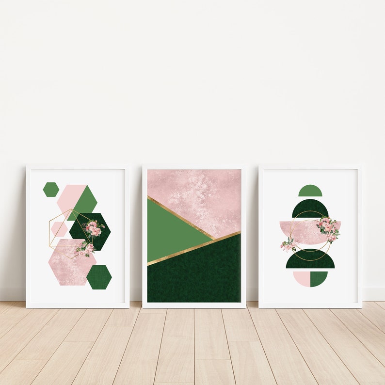 3pc Pink and Green Geo Wall Art Pink and Green Wall Decor Etsy