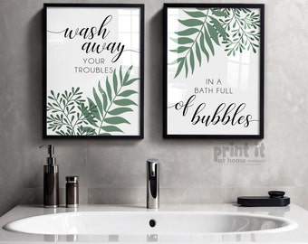 Set of 2 Grey and Green Bathroom Prints, Green Bathroom Set, Green Bathroom Art, Botanical Bathroom Art, Wash Away Your Troubles, green bath