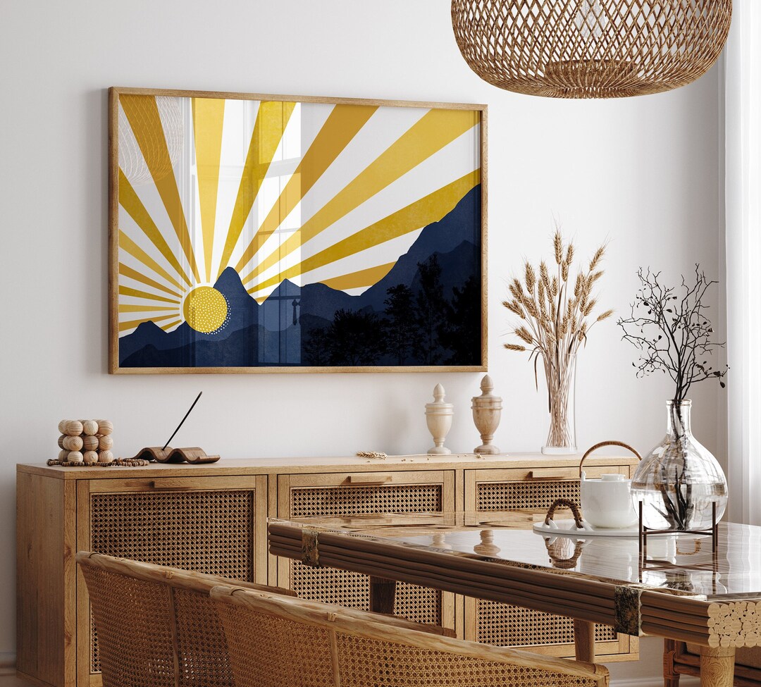 Blue and Yellow Sunrise Print, Navy Blue and Yellow Art, Printable Wall