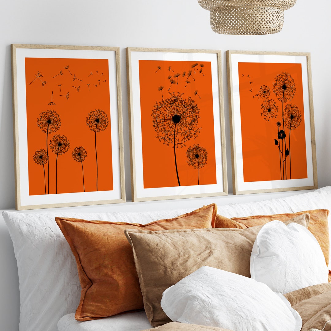 Set of 3 Black and Burnt Orange Wall Art, Orange Wall Decor, Black and