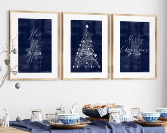 Ho Ho Ho, Blue Merry Christmas Prints, Blue Christmas Decor, Minimalist Christmas Wall Art, Christmas Wall Decor, Christmas Tree prinables