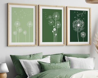 Set of 3 Green Dandelion Wall Art Prints, Sage green wall art, dandelion decor, Green wall art home decor, printable art, botanical wall art