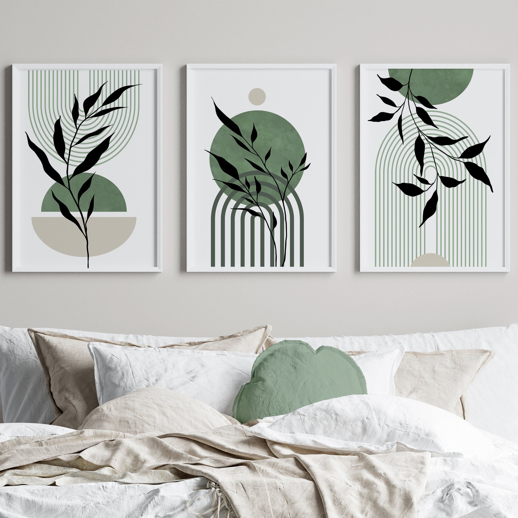 Set of 3 Mid Century Wall Prints Sage Green Wall Art Mid Etsy