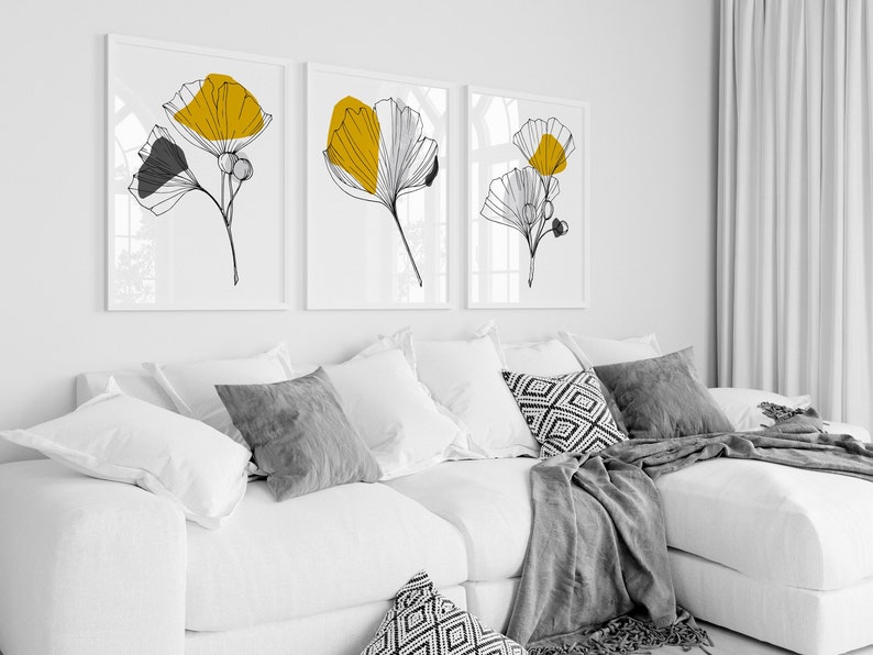 Yellow and grey prints, Mustard Wall Art, Mustard Wall Art, Printable Art, Botanical Line Art, Mustard and Grey, Ginkgo Decor, set of 3 image 1