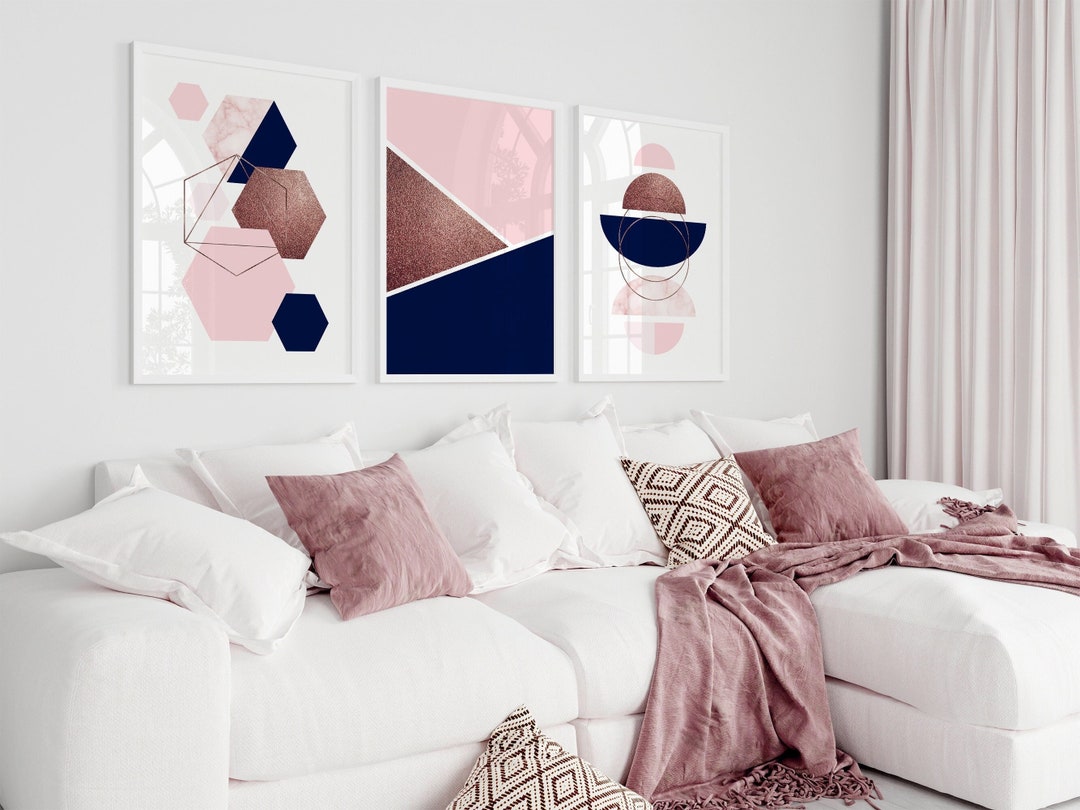 Navy and Pink Wall Art Geometric Printable Decor Blue and Blush Wall ...