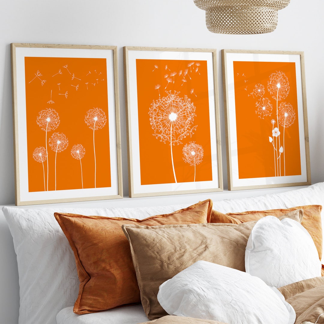 Set of 3 Orange Wall Decor, Dandelion Prints, Orange Wall Art