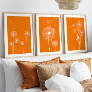 Set of 3 orange wall decor, Dandelion Prints, orange wall art, printable wall art, printable orange art, dandelion wall art, orange prints