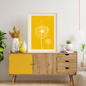 Yellow dandelion art, mustard yellow dandelion print, yellow wall art, printable art, dandelion wall art, mustard wall art, dandelion decor