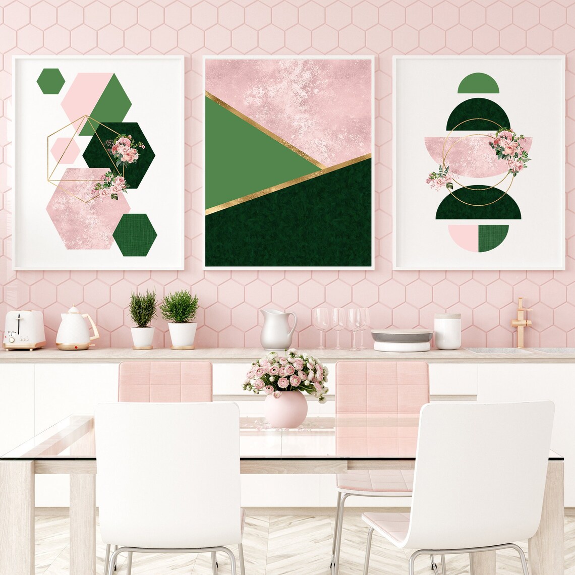 3pc Pink and Green Geo Wall Art Pink and Green Wall Decor Etsy