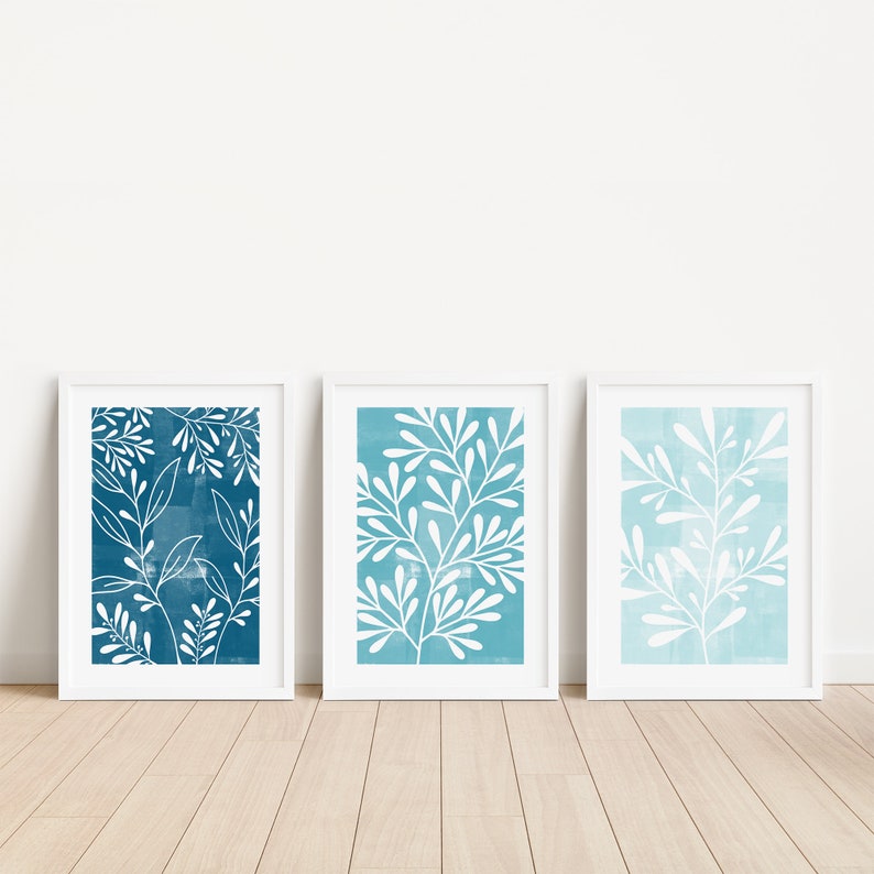 3pc Beach House Art, Beach House Wall Decor, Teal Wall Art, Teal Botanical Leaf Prints, Teal Wall Decor, Beach house prints, printable art image 3