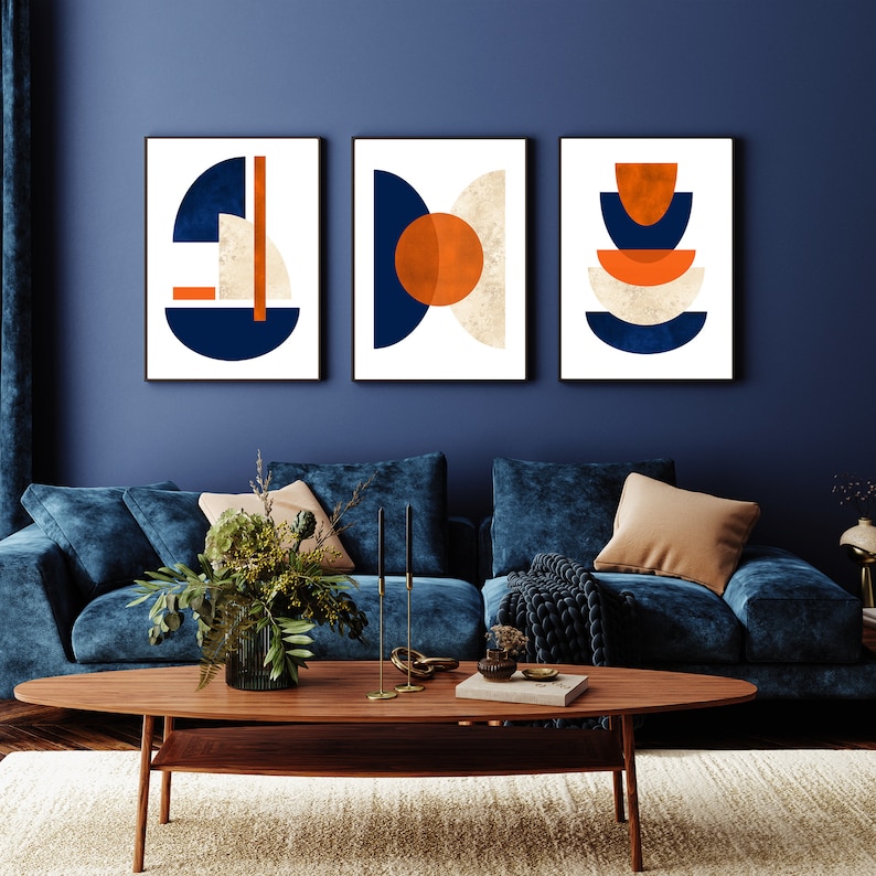 4pc Blue and Orange Wall Art Printable Wall Art Modern Etsy