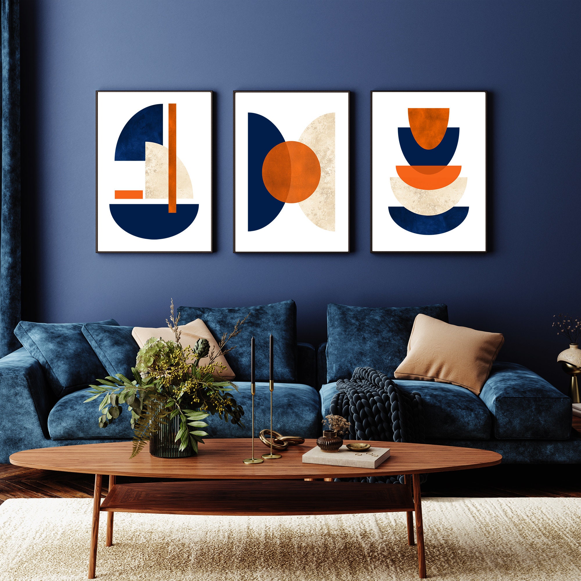 4pc Blue and Orange Wall Art, Printable Wall Art, Modern Abstract Prints,  Blue and Orange Art, Blue and Orange Wall Art, Navy Blue Rust Art 