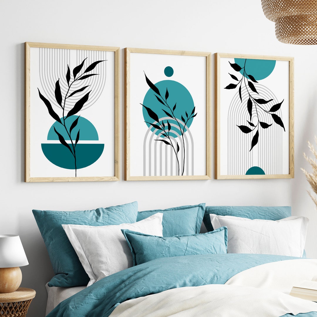 Set of 3, Teal Wall Art, Mid Century Wall Prints, Teal and Black Wall