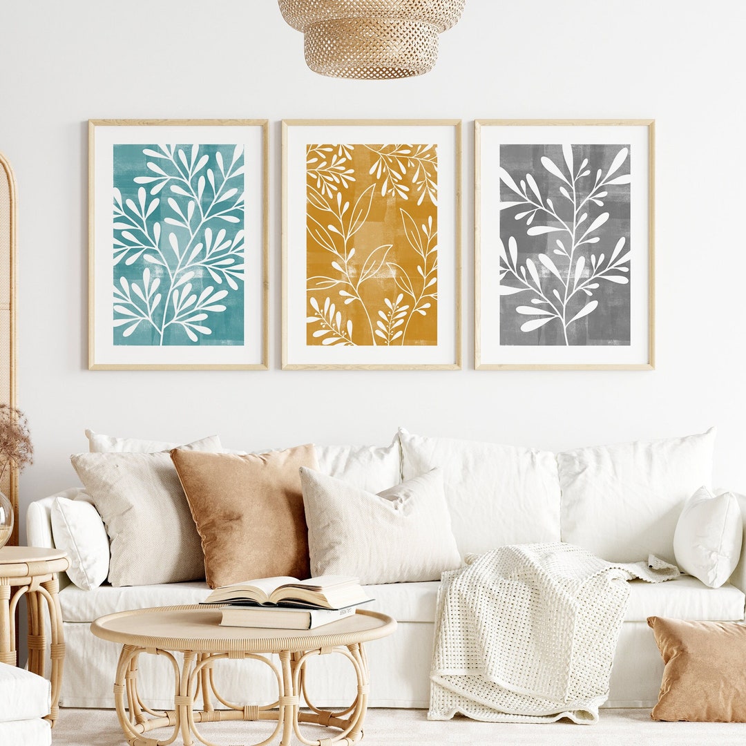 3pc Teal and Grey Wall Art, Teal and Ochre, Teal Grey Mustard, Teal and ...