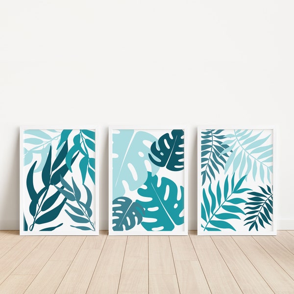 Teal Botanical Prints, Teal Home Decor, Printable Wall Art, teal wall art, Teal kitchen decor, teal leaf print set, botanical art, prints